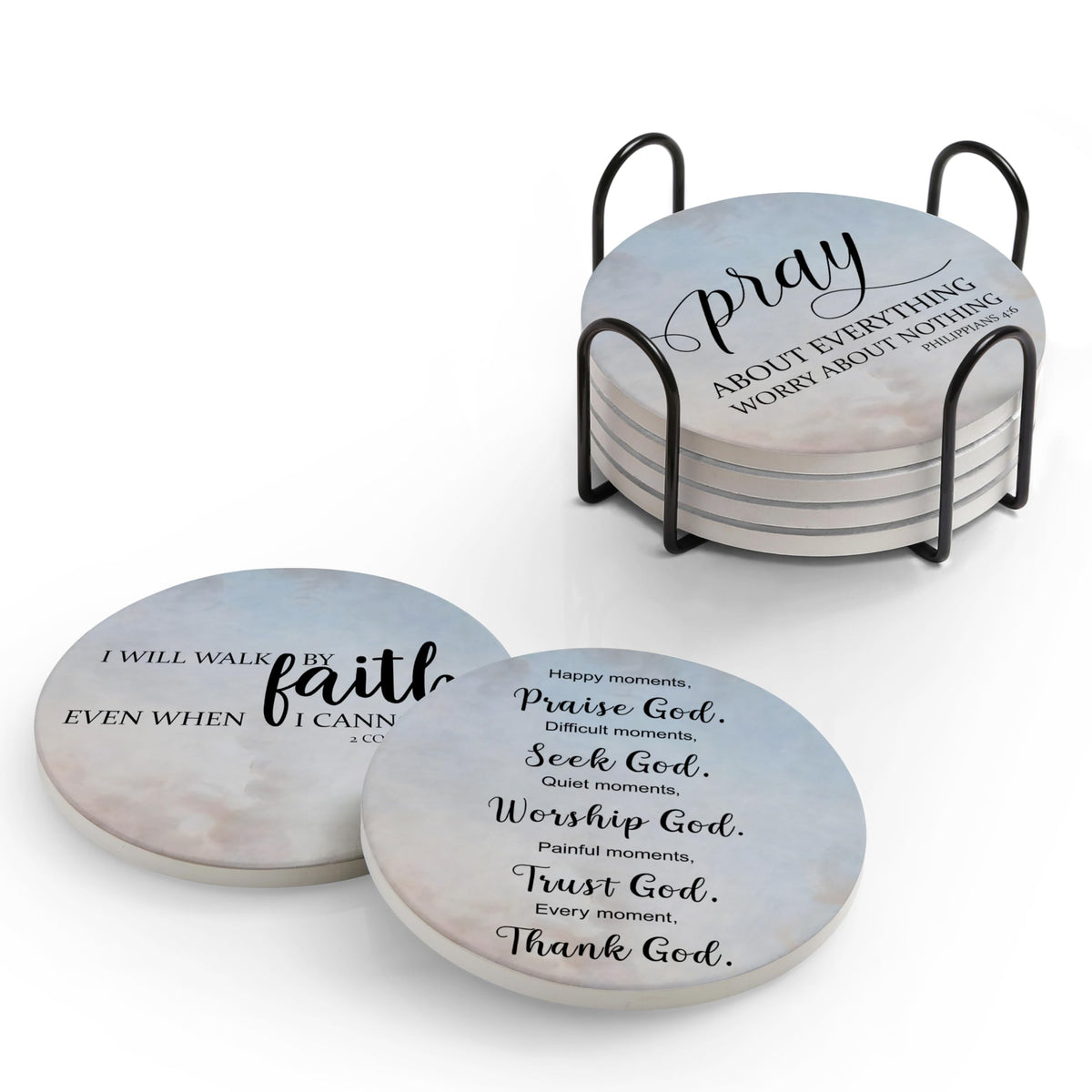Coasters for Drinks with Bible Verses, Set of 6 Absorbent Drinks Coasters with Holder Ceramic Drink Coaster with Cork Backing for Table Protection, Christian Coasters, Christian Gifts