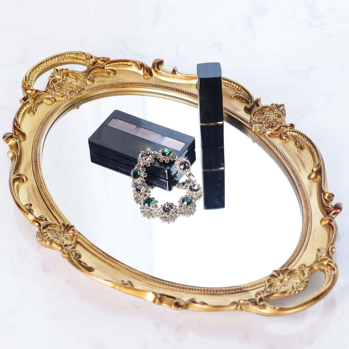 Polyresin Ellipse Antique Decorative Mirror Tray, Makeup Organizer, Jewelry Organizer, Serving Tray, 9.8”x 14.6”, Gold