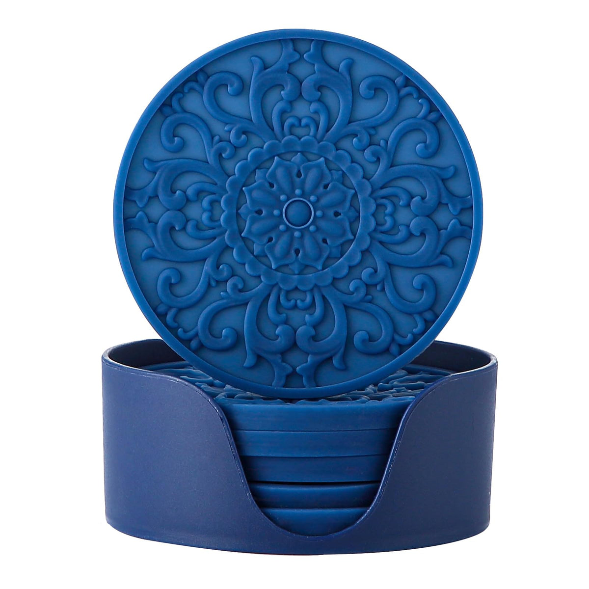 Colinda Silicone Coasters - Set of 6 with Holder, Non-Slip Cup Mats for Hot and Cold Drinks, Decorative Designs, Gift Ready Packaging,Turquoise