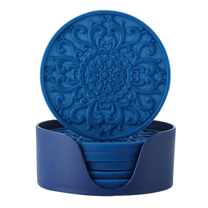 Colinda Silicone Coasters - Set of 6 with Holder, Non-Slip Cup Mats for Hot and Cold Drinks, Decorative Designs, Gift Ready Packaging,Turquoise
