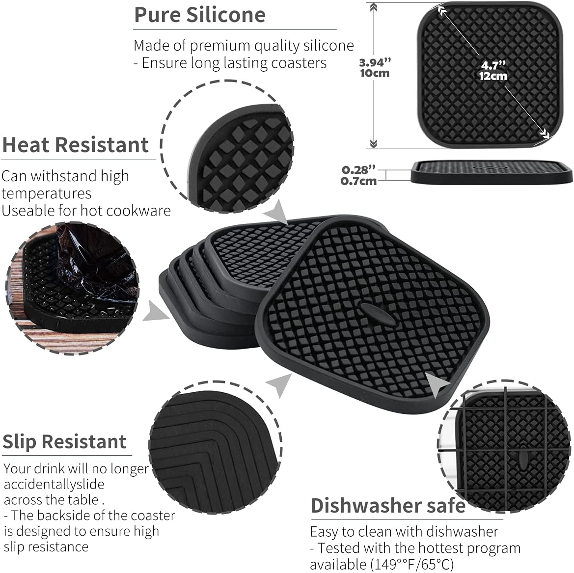 IYYI Silicone Coasters Set of 6, Drink Coasters with Holder, Non-Slip Cup Mat, Deep Tray Absorbent Coaster, Heat Resistant Countertop Protection (Black-Square)