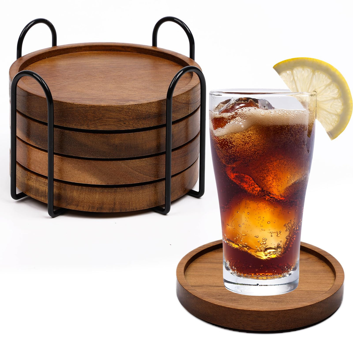 Mckanti Wooden Coasters Set of 6 with Holder, Acacia Wood Drink Coasters for Farmhouse, Patio, Bar Decoration