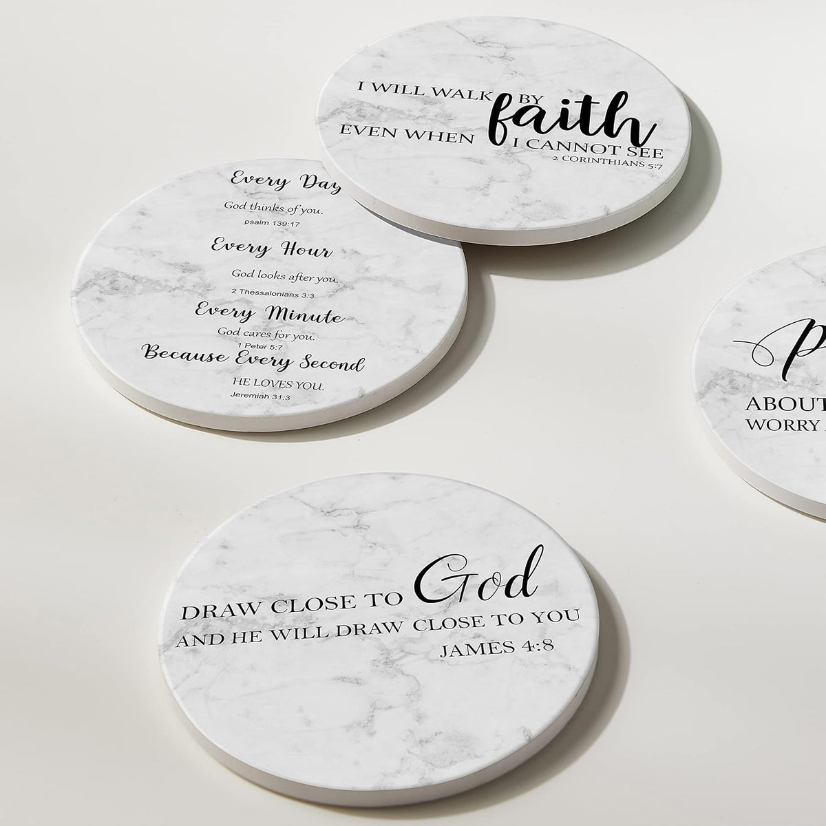 Coasters for Drinks with Bible Verses, Set of 6 Absorbent Drinks Coasters with Holder Ceramic Drink Coaster with Cork Backing for Table Protection, Christian Coasters, Christian Gifts