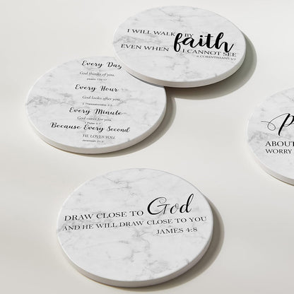 Coasters for Drinks with Bible Verses, Set of 6 Absorbent Drinks Coasters with Holder Ceramic Drink Coaster with Cork Backing for Table Protection, Christian Coasters, Christian Gifts