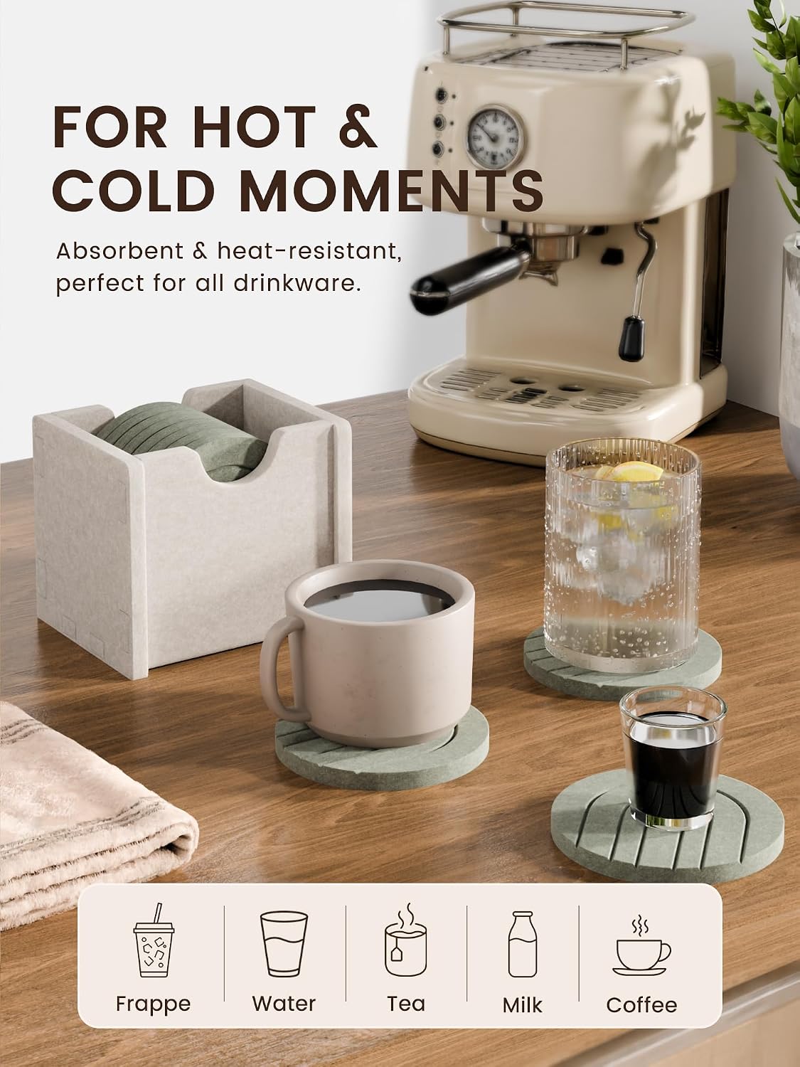 Fluxynara Felt Coasters with Holder, Set of 8 for Drinks, Sage - Arch