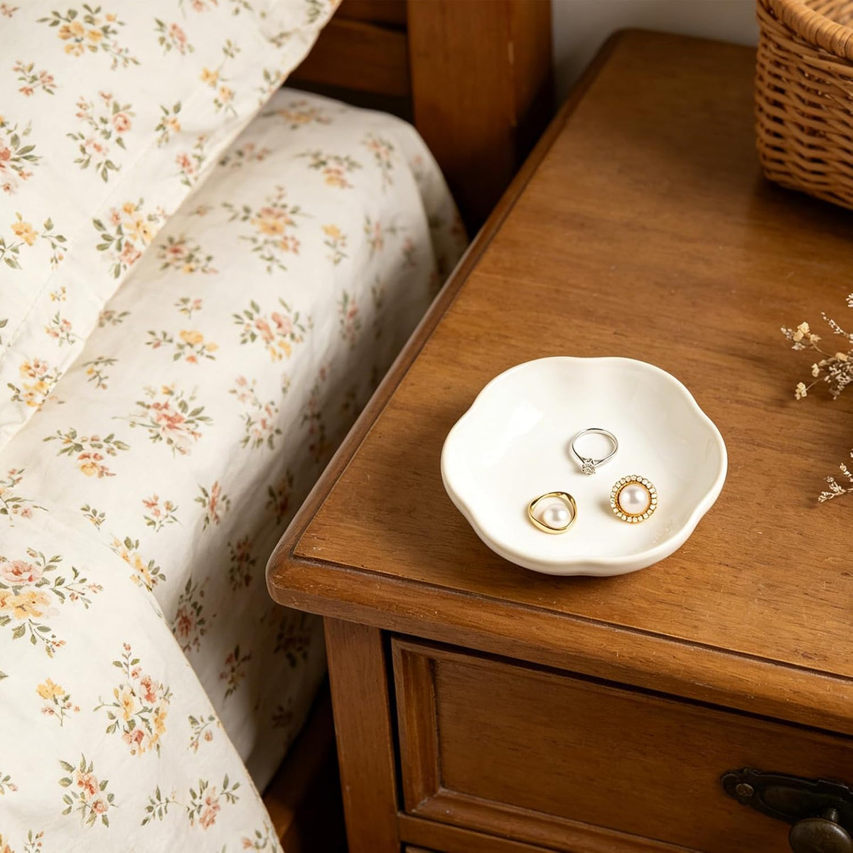 Ceramic Jewelry Tray, Ring Holder Floral Trinket Bowl for Women