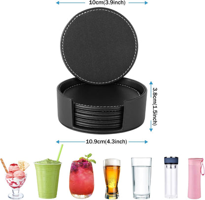 Set of 6 Round Leather Bar Coasters for Drinks with Holder (Black)
