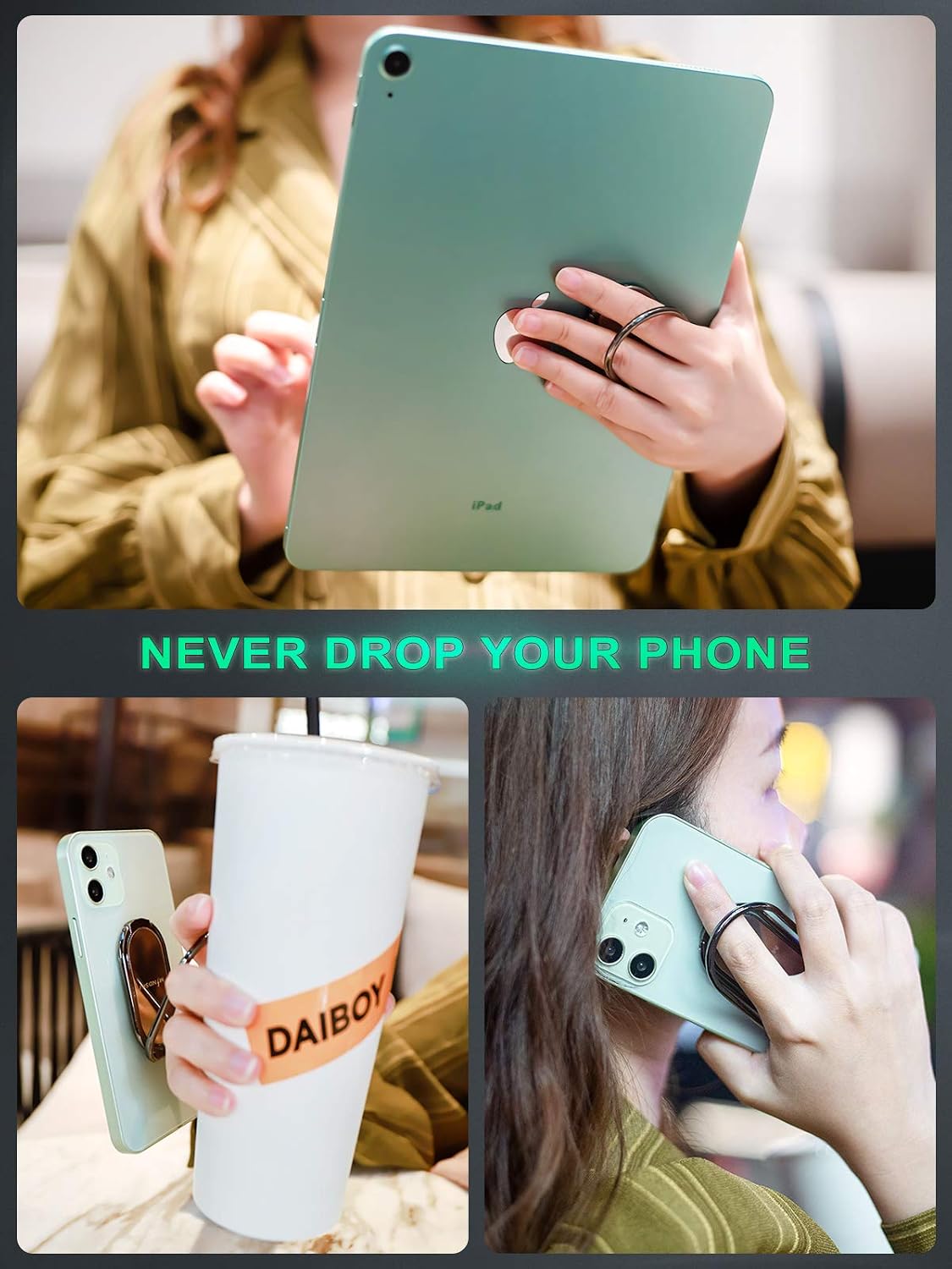 Phone Ring Holder Finger Kickstand 360°Rotation Cellphone Back Grip Foldable Cell Phone Stand for Desk Compatible with iPhone iPad Smartphones Tablets (Gun Black)