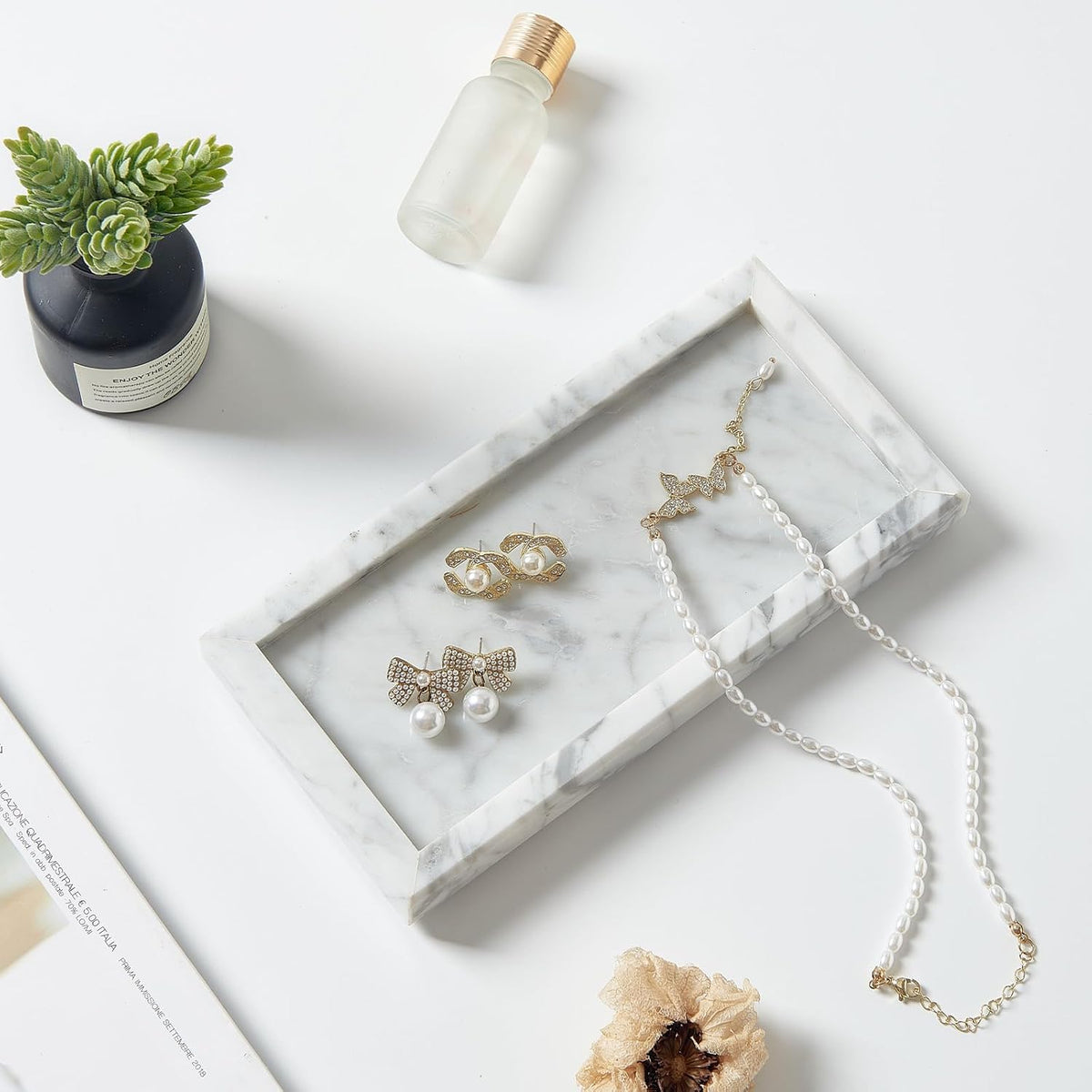 Natural Small Marble Vanity Tray, Stone Organizer for Bathroom & Kitchen