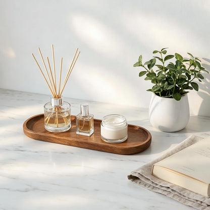 Small Acacia Wood Serving Tray, Wooden Decorative Tray for Coffee Table, Kitchen, Bathroom Counter - Wood Platter for Candles, Perfume, Snacks (11.4 x 4.1 x 0.6 in)