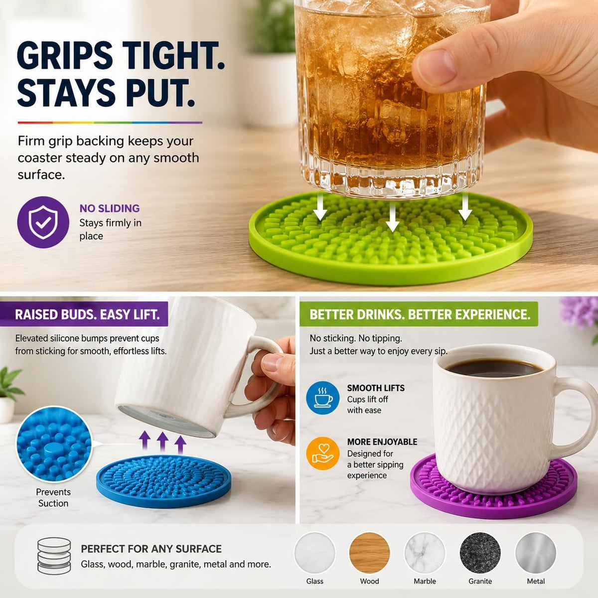 Silicone Coasters for Drinks - Absorbent Rubber Coasters Set of 6 Colorful