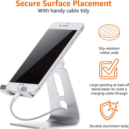 Amazon Basics Adjustable Aluminum Phone Stand for Cell Phones, iPhone and Android, Desktop Phone Holder with Adjustable Angle, Hands-Free Viewing, 3.15 x 2.87 x 3.74 inch, Silver