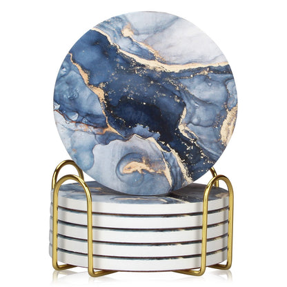 Coasters Set of 6, Navy Blue Marble Abstract Ceramic Coasters with Holder
