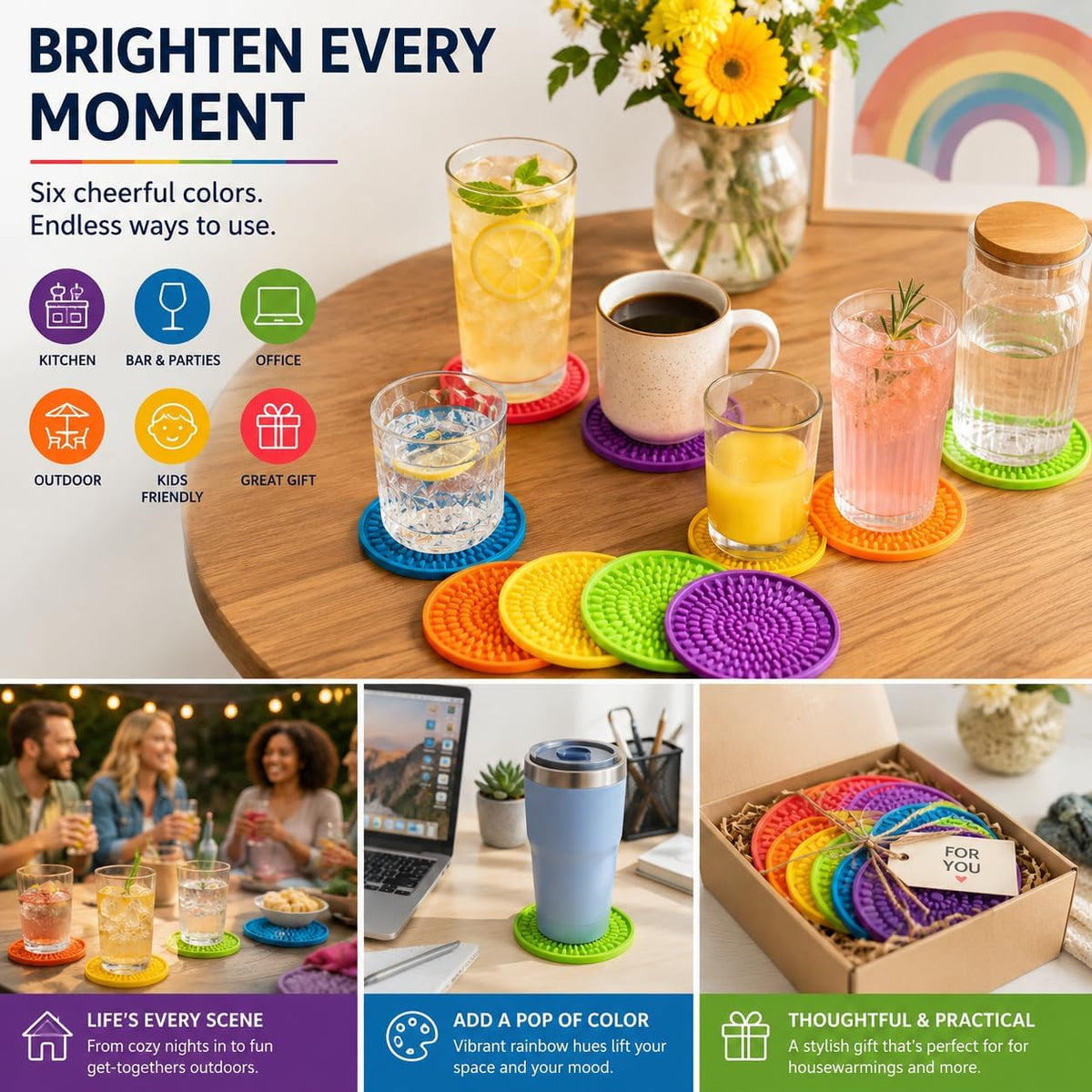 Silicone Coasters for Drinks - Absorbent Rubber Coasters Set of 6 Colorful