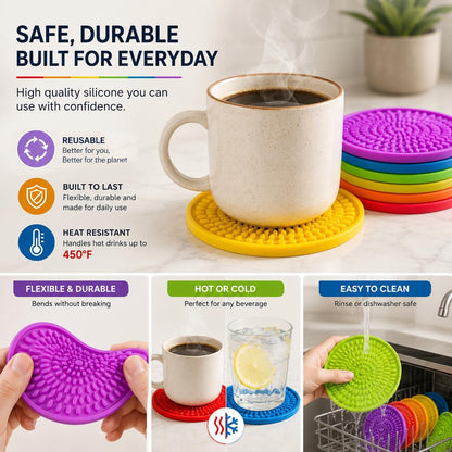 Silicone Coasters for Drinks - Absorbent Rubber Coasters Set of 6 Colorful