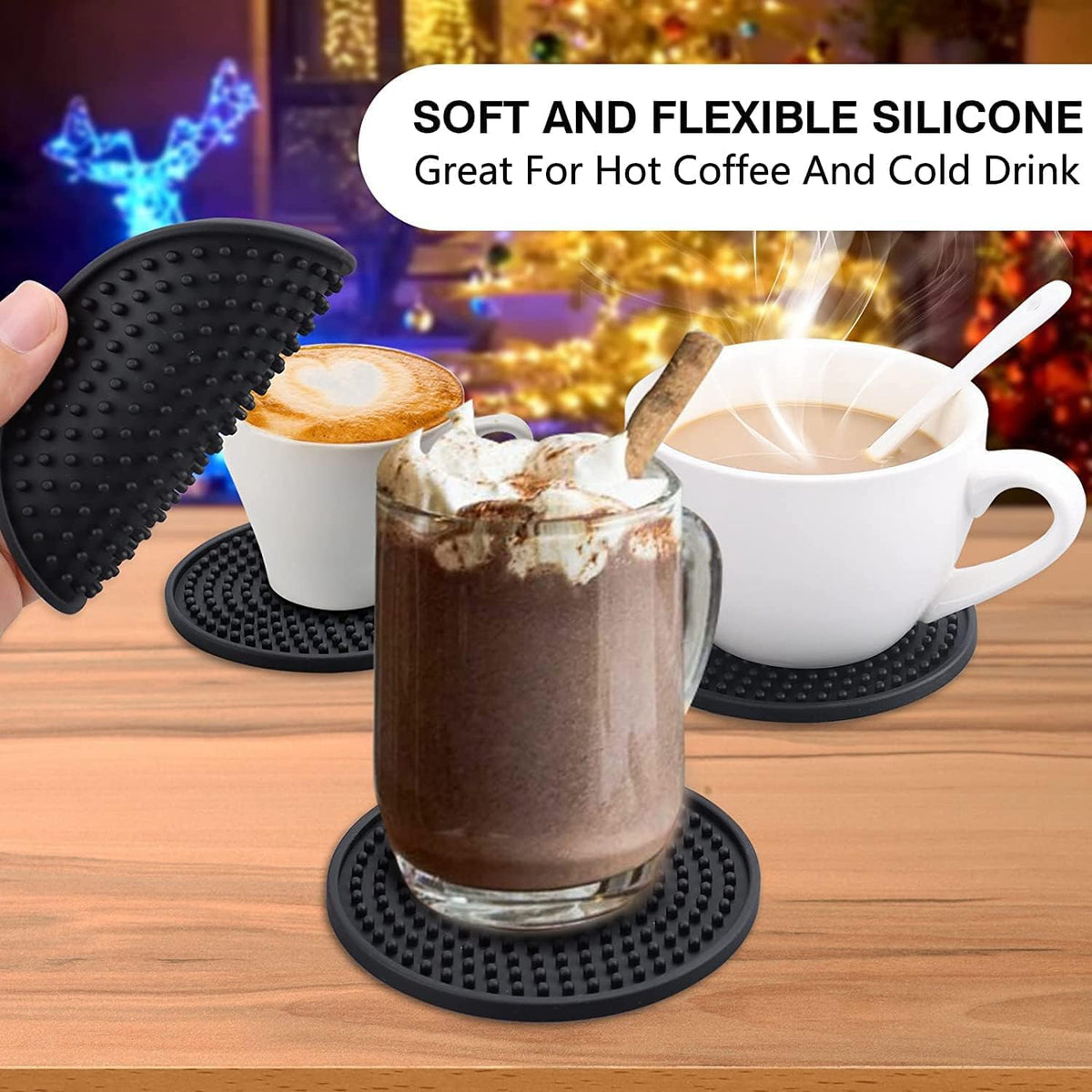 Silicone Drink Coasters [2 Pack] - Cup Coasters for Hot Or Cold Drinks, Non-Slip, Suitable for Home Decor, Kitchen, Office, Bar（Black）