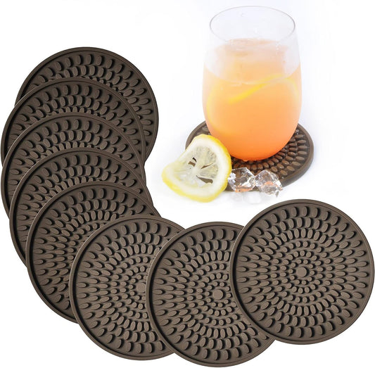 KindGa Rubber Coasters for Drinks - Large Silicone Coasters Set of 8 Brown