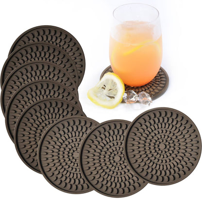 KindGa Rubber Coasters for Drinks - Large Silicone Coasters Set of 8 Brown