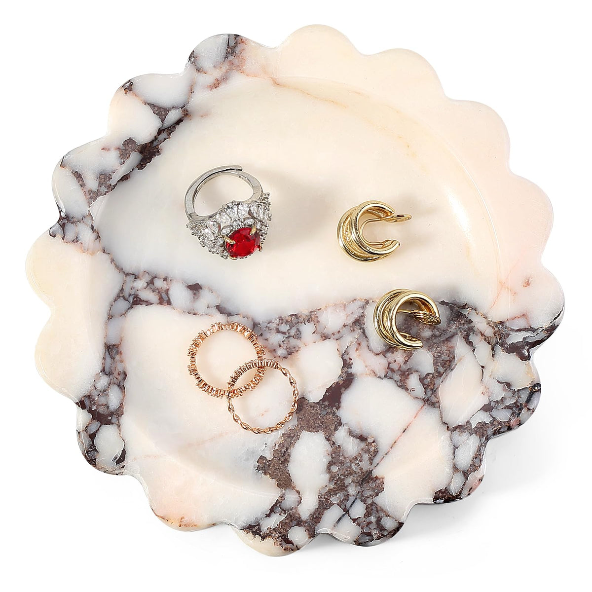 Koville 5.51" Travertine Tray, Natural Stone Trinket Dish for Ring Perfume, Round Scalloped Decorative Tray for Bathroom Vanity Dresser Countertop, Home Table Decor