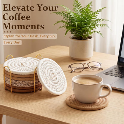 OIAHOMY 8 Pcs Coasters with Holder for Beer, Coffee, Woven Cotton Coaster Set for Table Decor for Kitchen, Bar, Dining Room, Living Room, Housewarming Gifts - Yellow