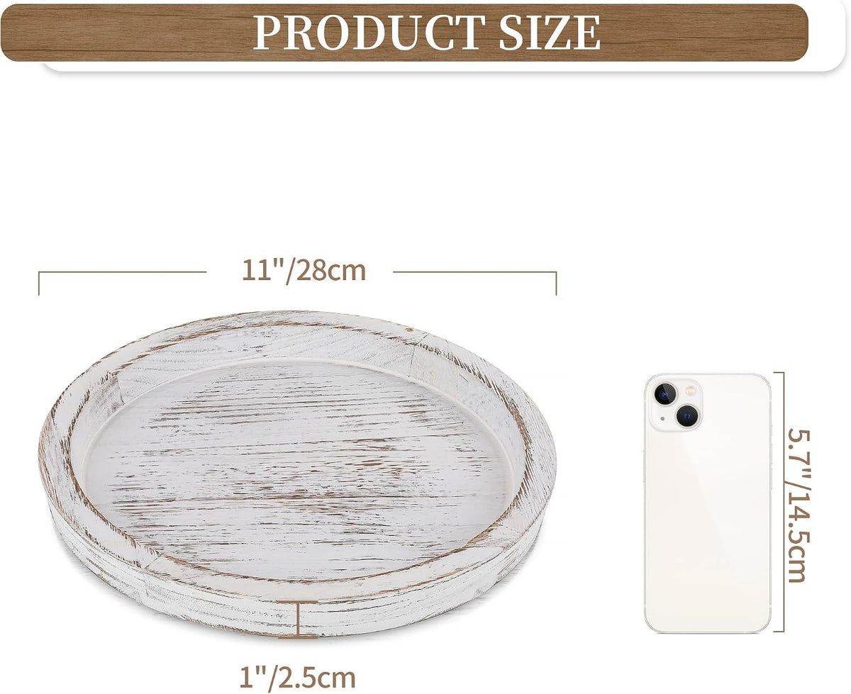 Hanobe Round Wood Candle Holder Trays for Coffee Table, Rustic White Finish