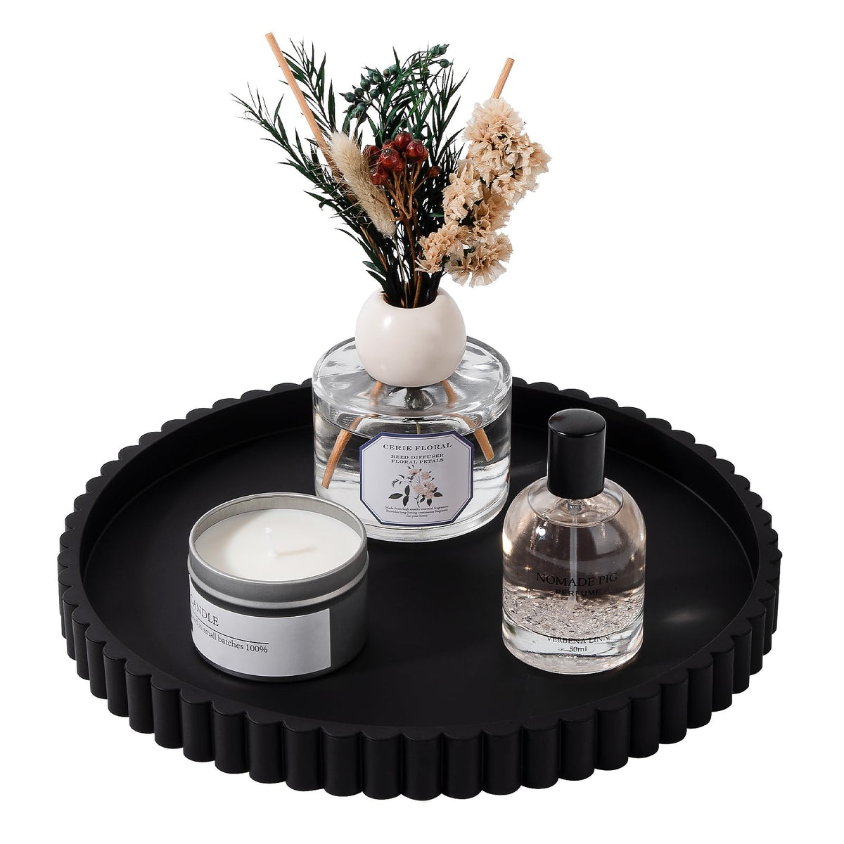 Round Bathroom Tray Perfume Organizer Coffee Table Decor, 9" Black