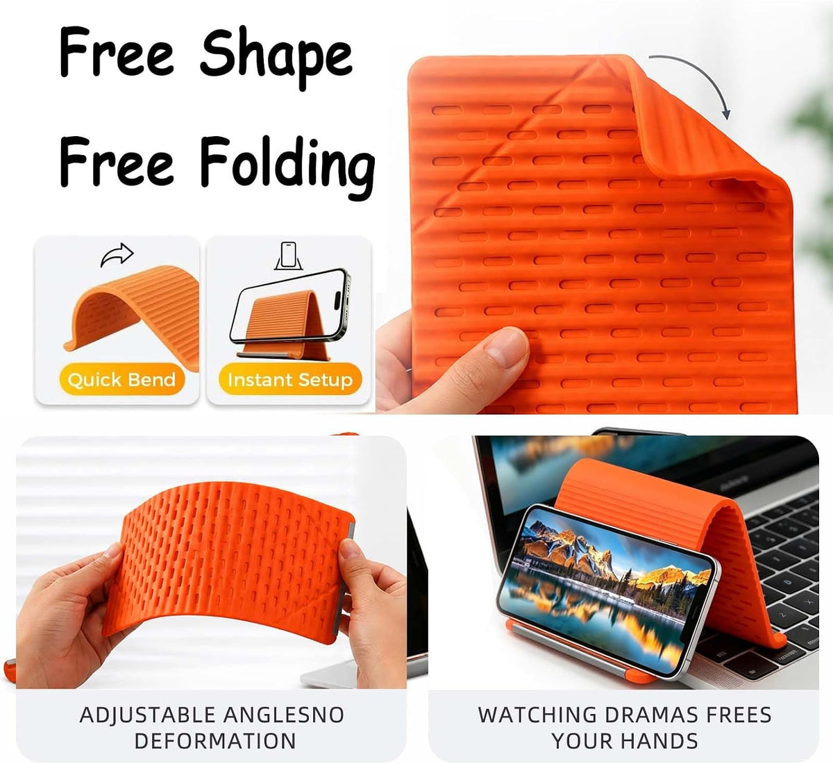2Pcs Silicone Phone Stand with Aluminum, Flexible Foldable Phone Holder,Universal Adjustable Anti-Slip Desktop Mount for Phone Tablet Laptop (Orange + Black)
