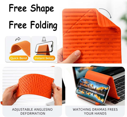 2Pcs Silicone Phone Stand with Aluminum, Flexible Foldable Phone Holder,Universal Adjustable Anti-Slip Desktop Mount for Phone Tablet Laptop (Orange + Black)