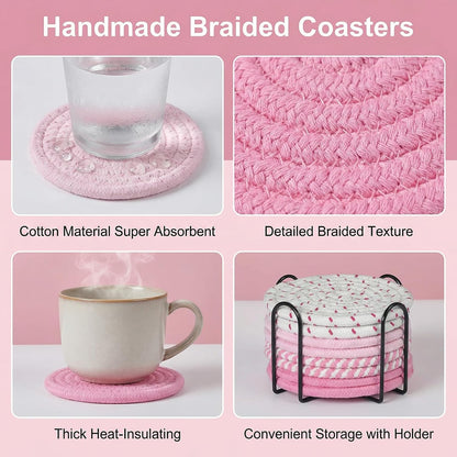 Drink Coasters Set of 8 with Holder, Cotton Woven,Pink