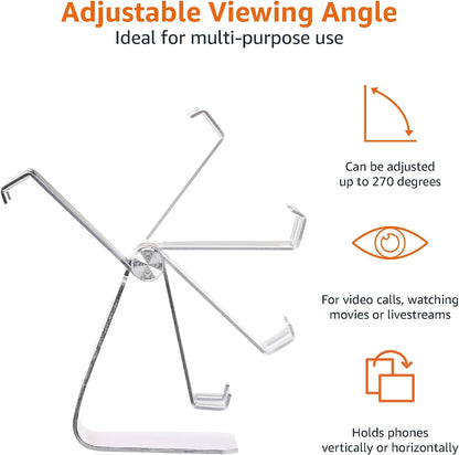 Amazon Basics Adjustable Aluminum Phone Stand for Cell Phones, iPhone and Android, Desktop Phone Holder with Adjustable Angle, Hands-Free Viewing, 3.15 x 2.87 x 3.74 inch, Silver