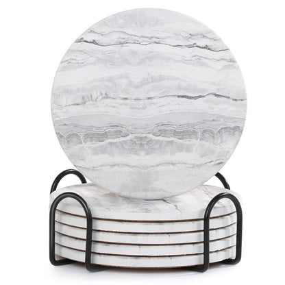 Acejoz Drink Coasters with Holder for Coffee Table, Absorbent Coasters Set of 6, Marble Style Ceramic Coaster for Wooden Table, Suitable for Kinds of Cups, Home Decor, 4 Inches(White)