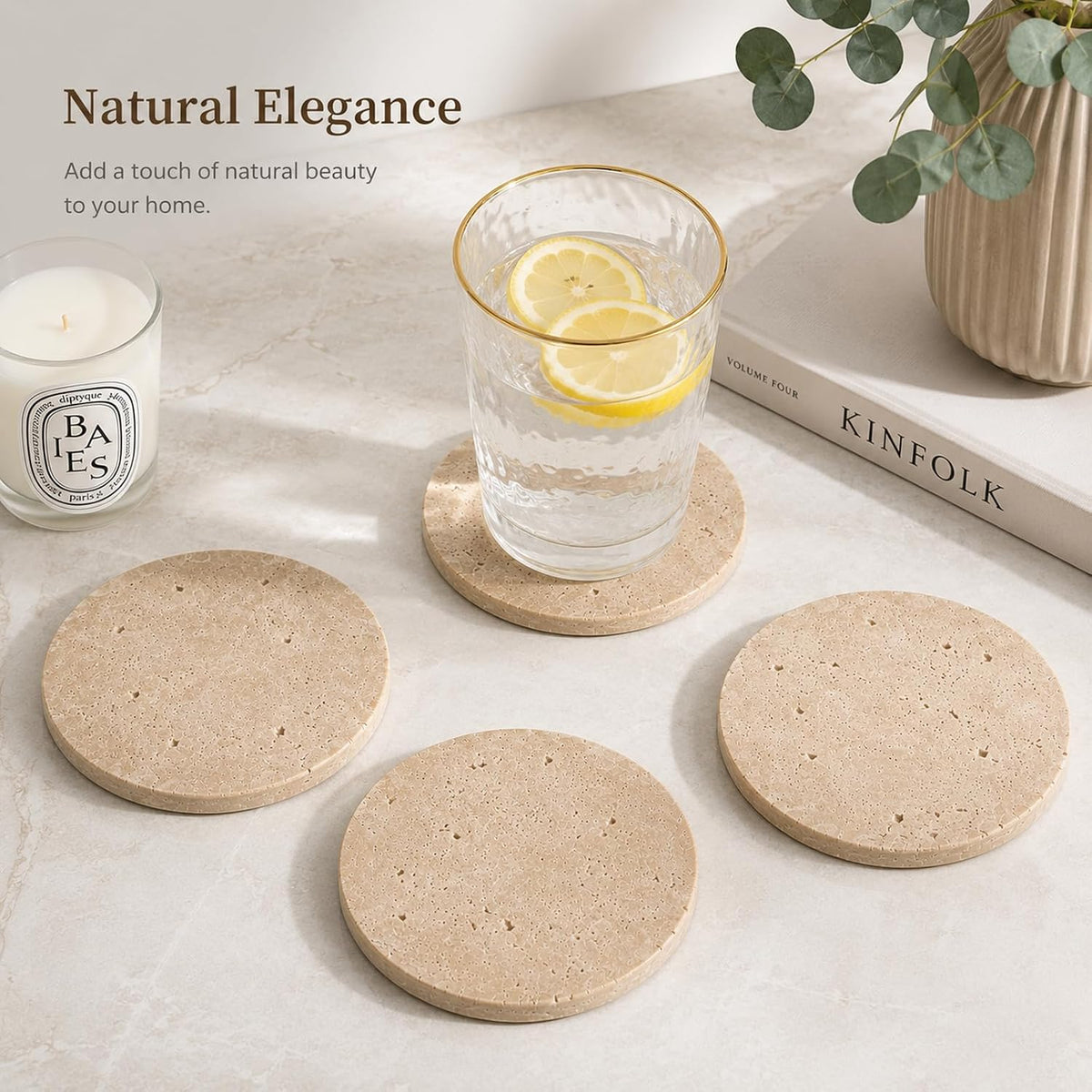 4" Natural Travertine Stone Coasters Set of 4,Round Stone Cup Coasters