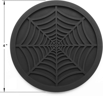 Silicone Coasters For Drinks - 6 Pack Unique Design Spider Drink Coasters, 4" Black Coaster Set by COASTERFIELD