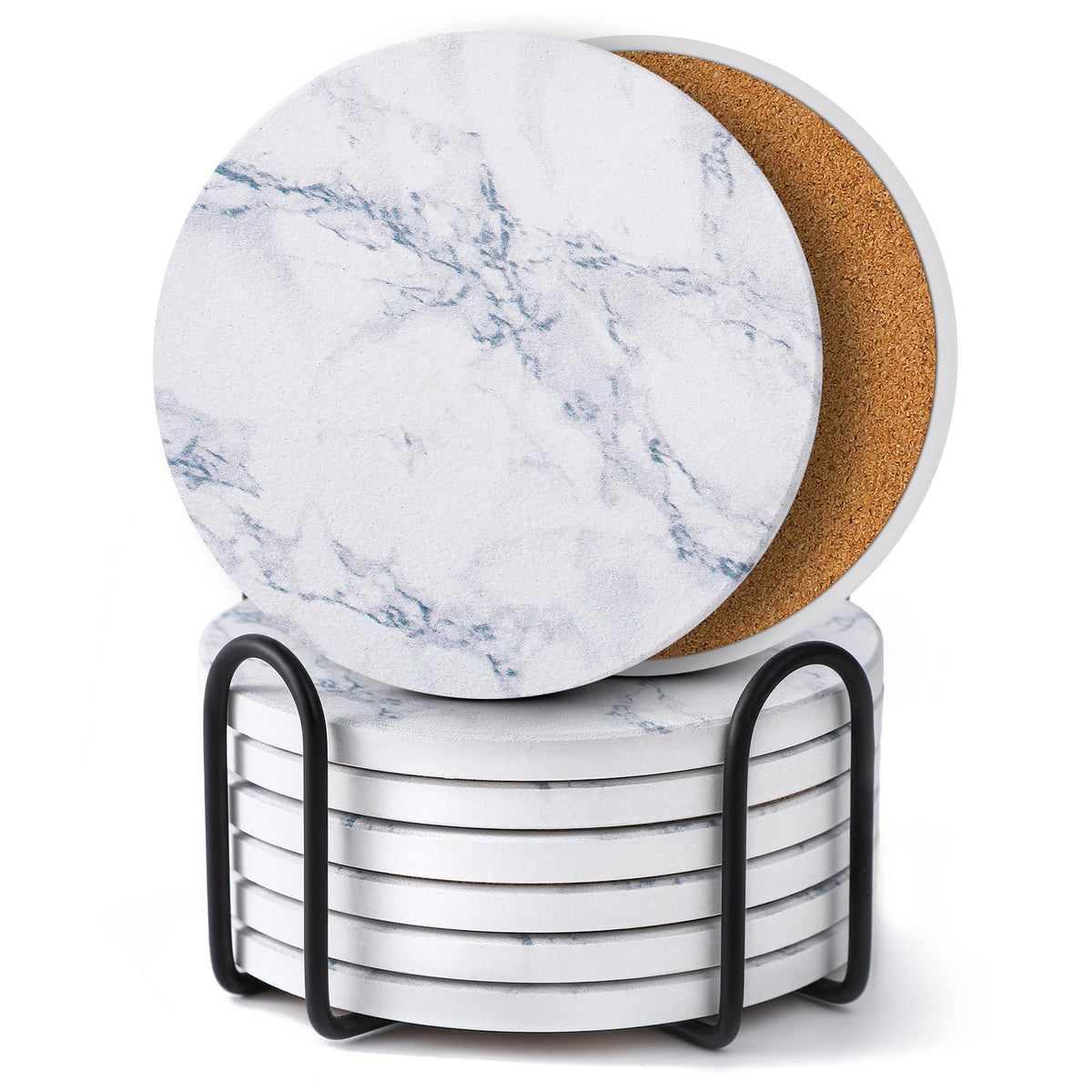LIFVER Coasters Set of 6, Coasters for Drinks Absorbent Stone with Holder, Black Marble Style Ceramic Drink Coaster for Tabletop Protection, Coffee Table Decor Ideal for Home Decor House Warming Gifts