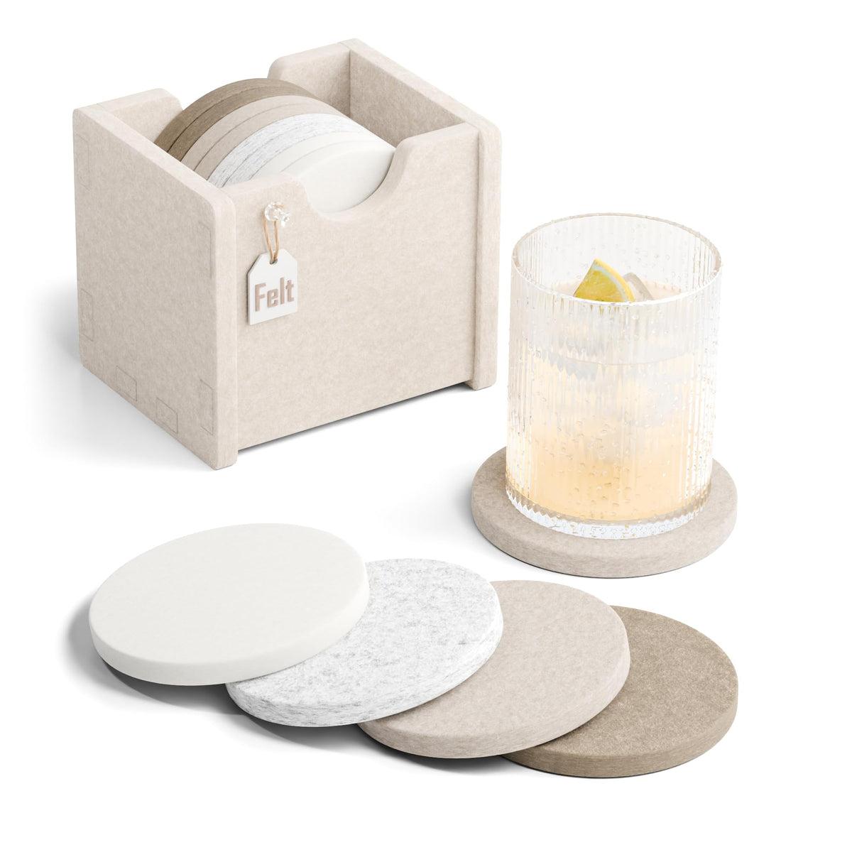 Fluxynara Felt Coasters with Holder, Set of 8 for Drinks, Sage - Arch
