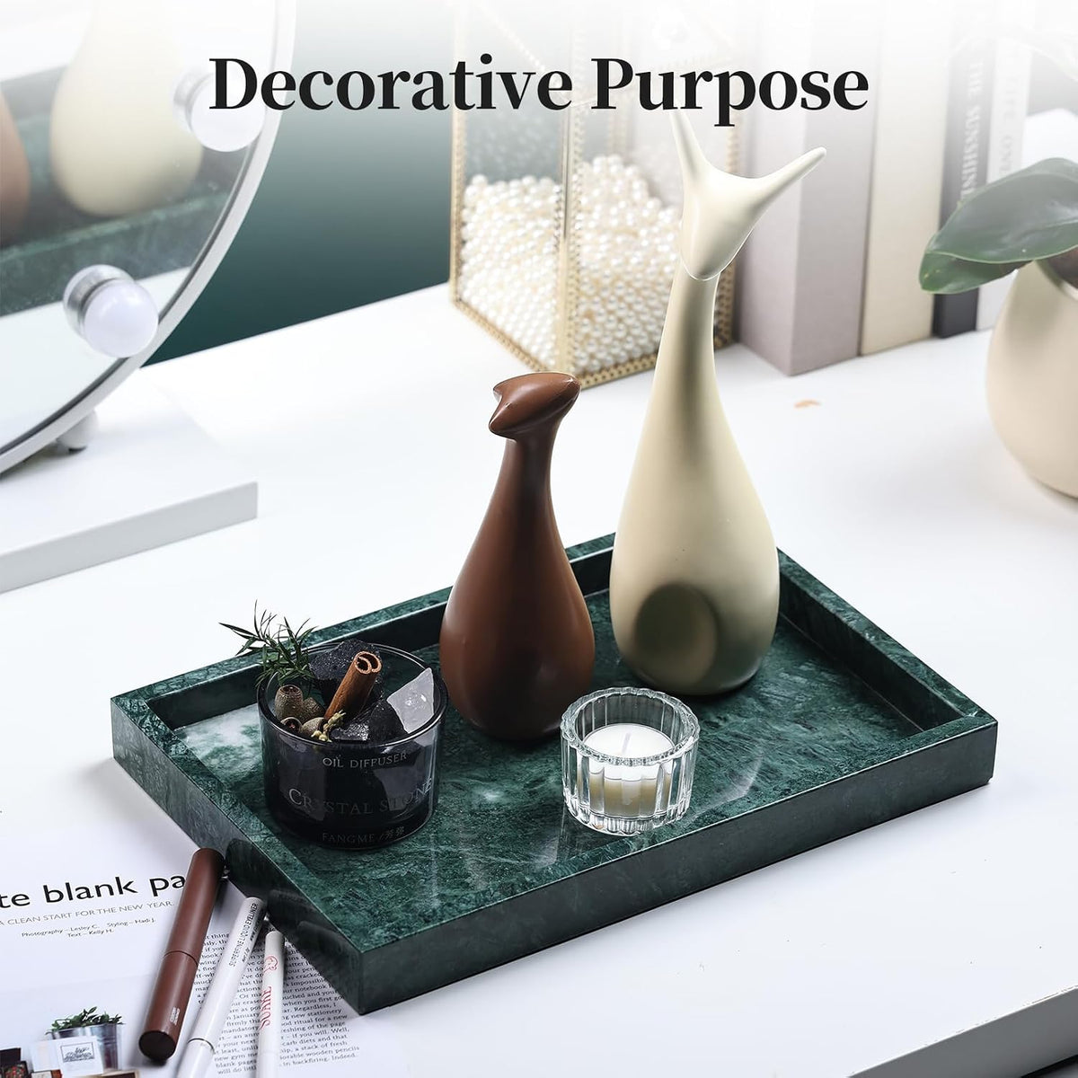 YMXYJM Real Natural Marble Tray for Bathroom, Genuine Marble Stone Vanity Tray, Luxury Storage Trays for Kitchen, Vanity, Home Decor, Dresser, Non-Resin/Non-Ceramic, 12"x 8"x 1.2", Dark Green