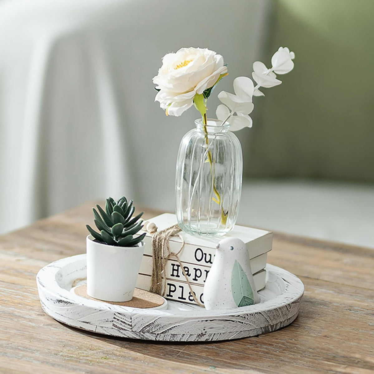 Hanobe Round Wood Candle Holder Trays for Coffee Table, Rustic White Finish