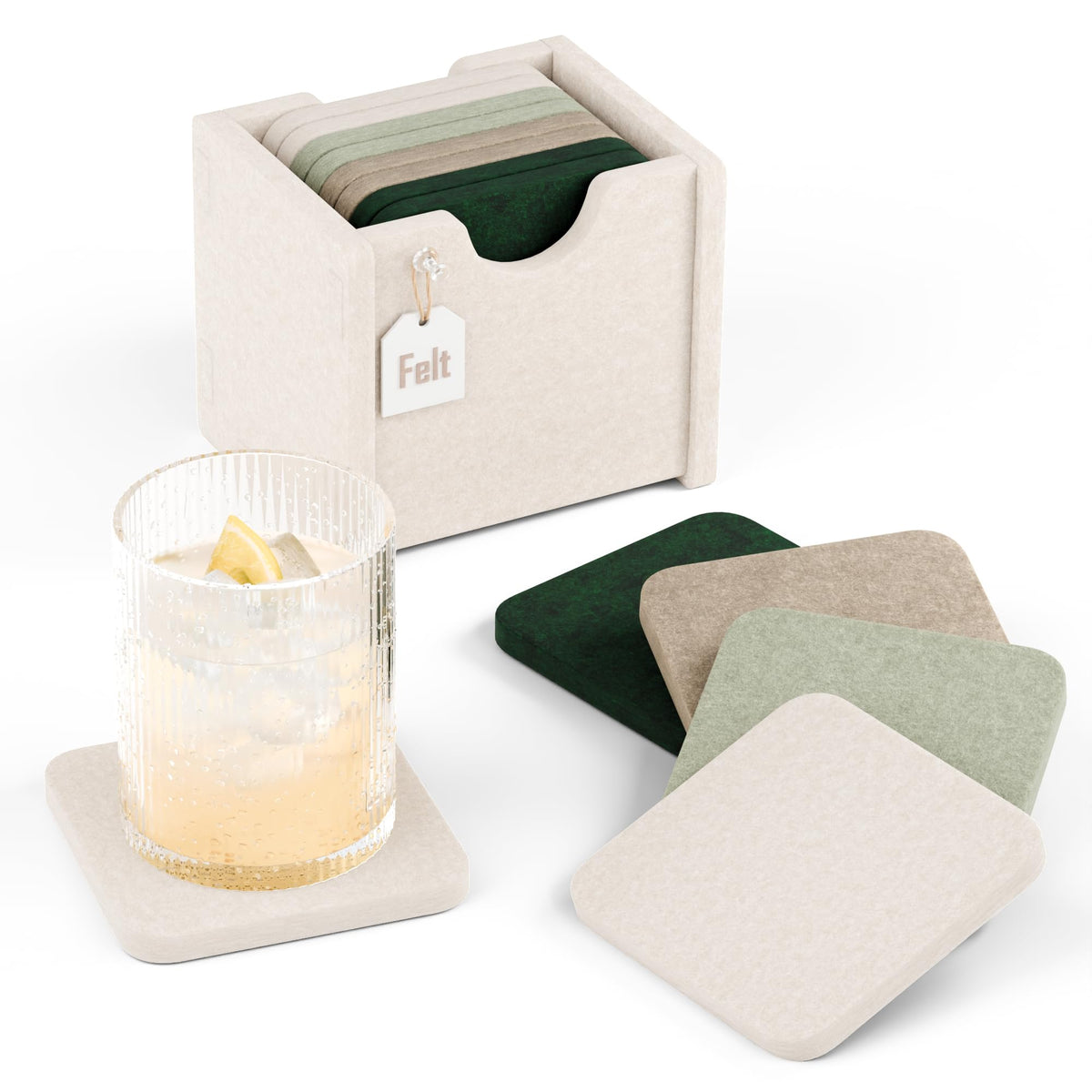 Fluxynara Felt Coasters with Holder, Set of 8 for Drinks, Sage - Arch
