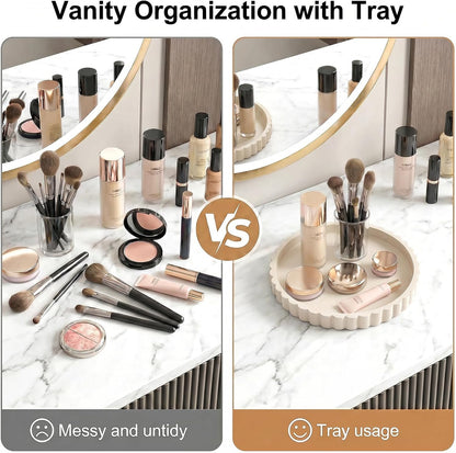 Silicone Bathroom Vanity Trays for Counter - 9.1 Inch Round Small Bathroom Tray with Scalloped Edge Vanity Organizer, Coffee Table Decor, Decorative Tray for Candle Key Skincare Perfume Storage, Beige