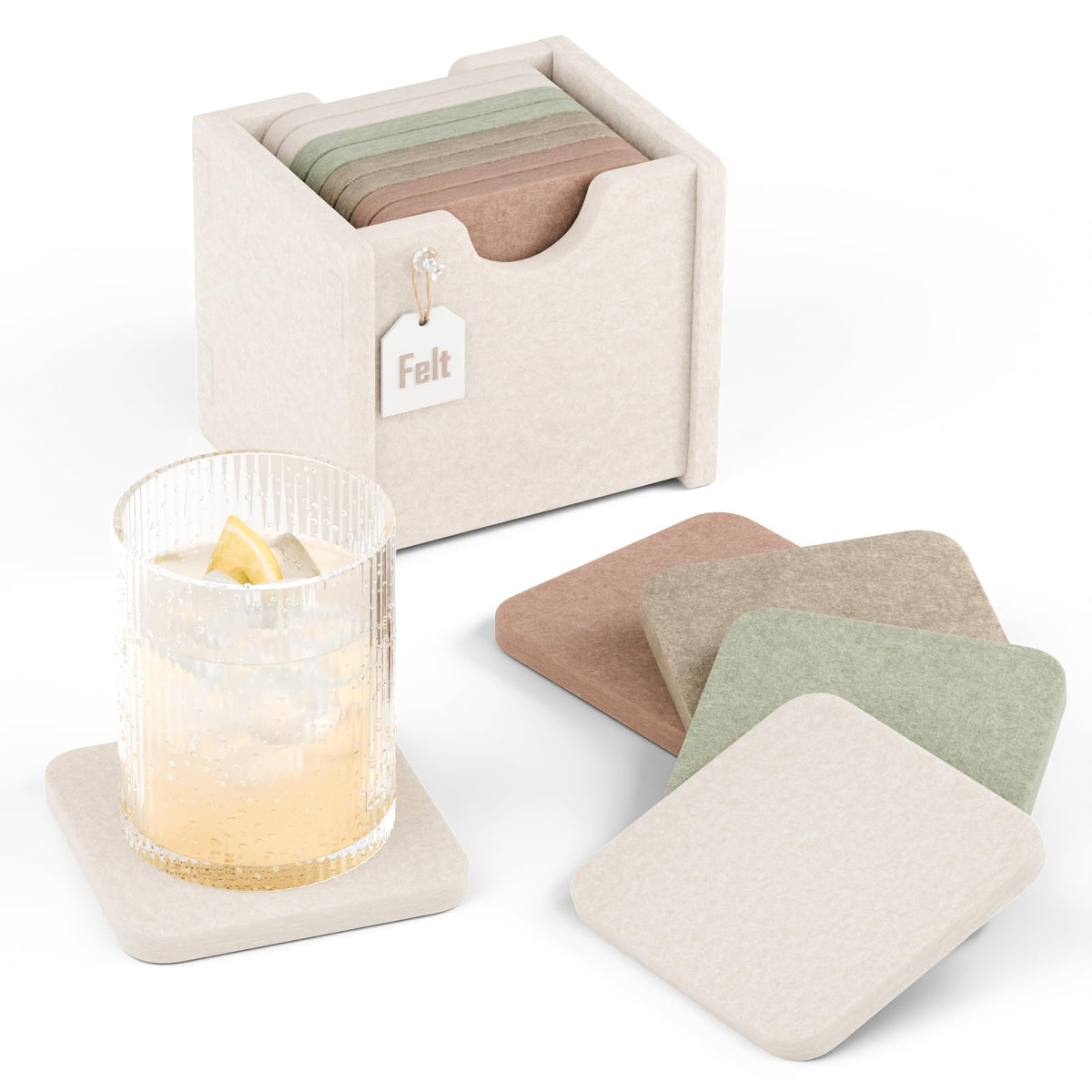 Fluxynara Felt Coasters with Holder, Set of 8 for Drinks, Sage - Arch