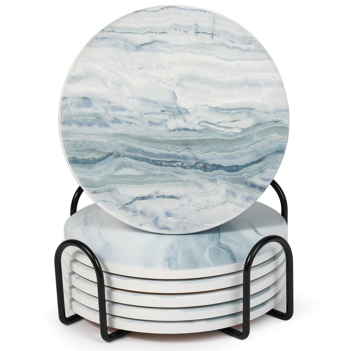 Acejoz Drink Coasters with Holder for Coffee Table, Absorbent Coasters Set of 6, Marble Style Ceramic Coaster for Wooden Table, Suitable for Kinds of Cups, Home Decor, 4 Inches(White)