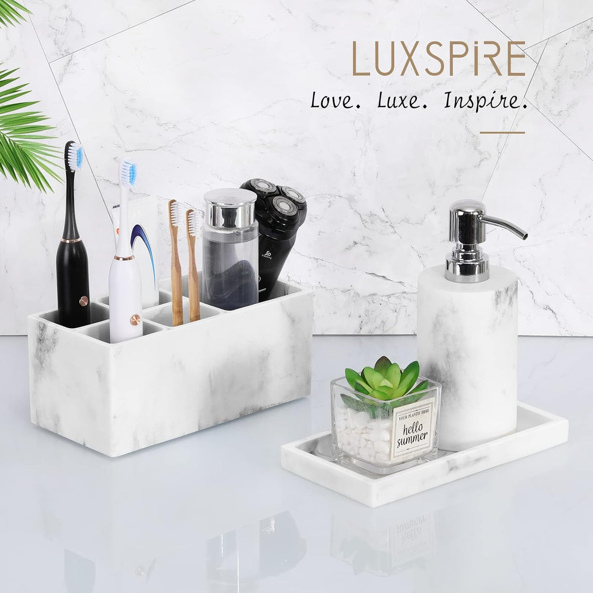 Luxspire Resin Bathroom Tray for Countertop Organizer, Mini, White Marble