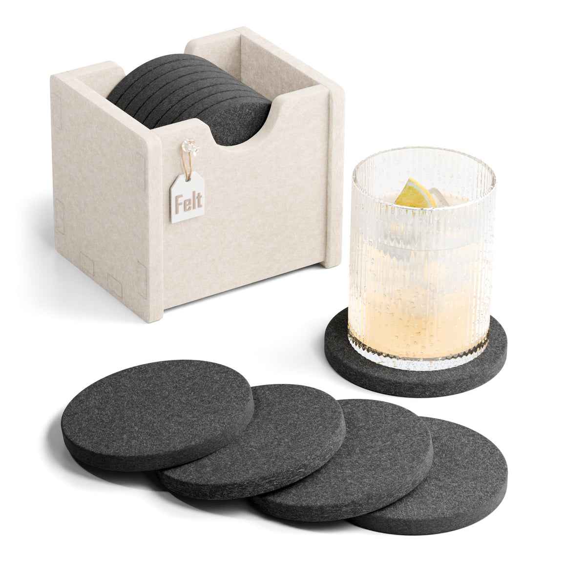 Fluxynara Felt Coasters with Holder, Set of 8 for Drinks, Sage - Arch