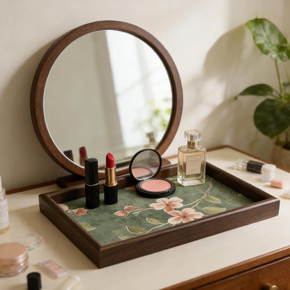 Wooden Valet Tray with Floral Base, Green Vintage Blossoms