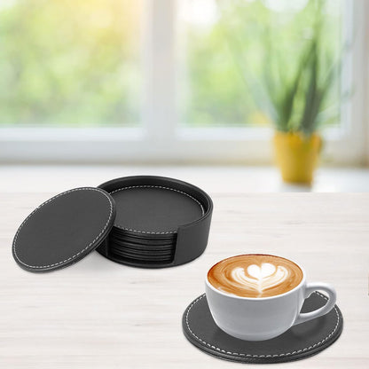 Set of 6 Round Leather Bar Coasters for Drinks with Holder (Black)