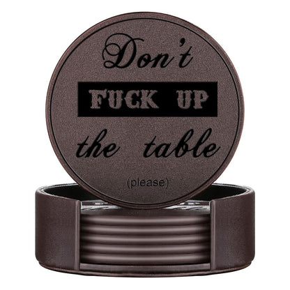 Funny Coasters, Thipoten 6 Pcs Leather Coasters with Holder, Perfect Housewarming Hostess Gifts, Protect Furniture from Water Marks Scratch and Damage(6Pcs, Black)