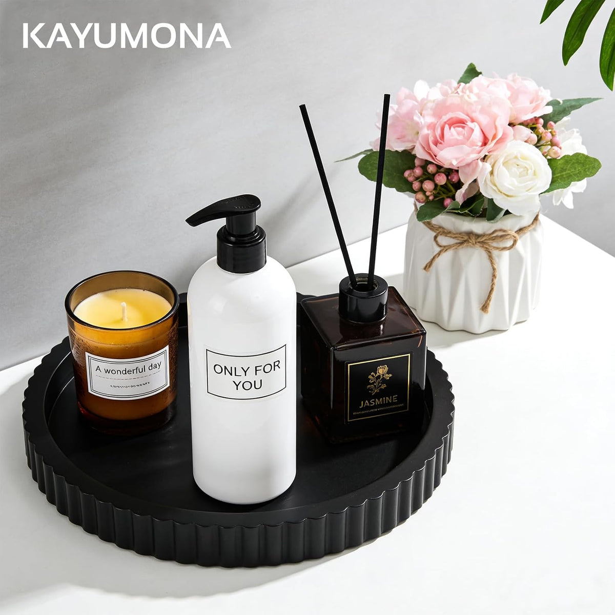 Modern Decorative Tray for Coffee Table, 11" Wooden Black Round Small Decor Tray for Candle, Perfume, Vanity, Kitchen Island Counter & Table Centerpiece