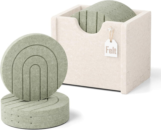Fluxynara Felt Coasters with Holder, Set of 8 for Drinks, Sage - Arch