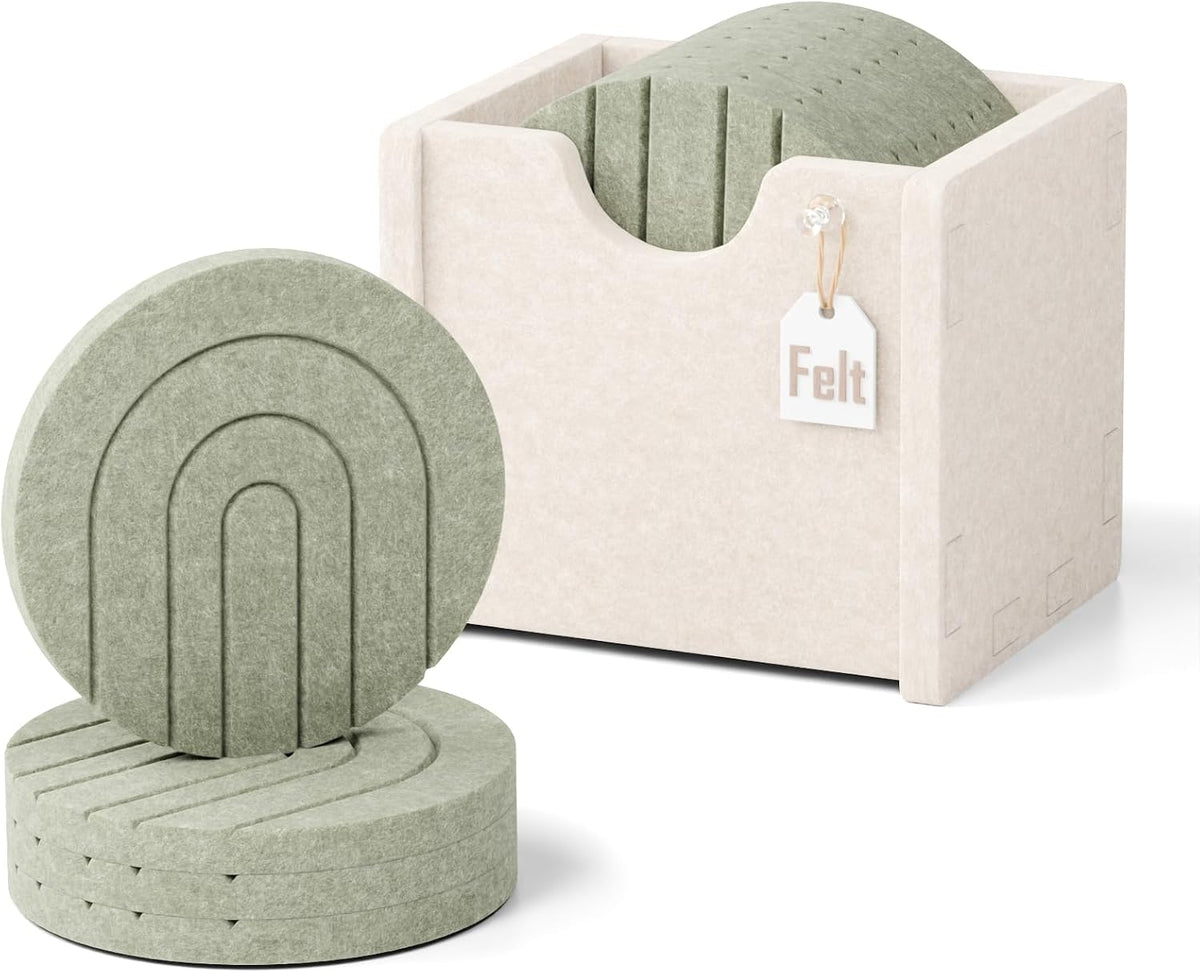 Fluxynara Felt Coasters with Holder, Set of 8 for Drinks, Sage - Arch