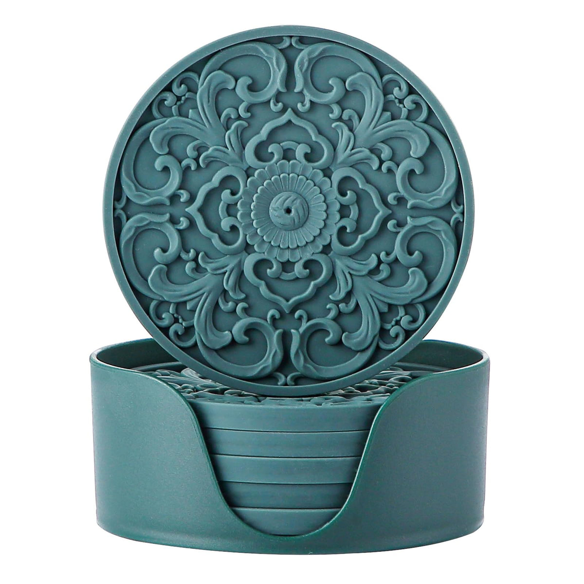 Colinda Silicone Coasters - Set of 6 with Holder, Non-Slip Cup Mats for Hot and Cold Drinks, Decorative Designs, Gift Ready Packaging,Turquoise